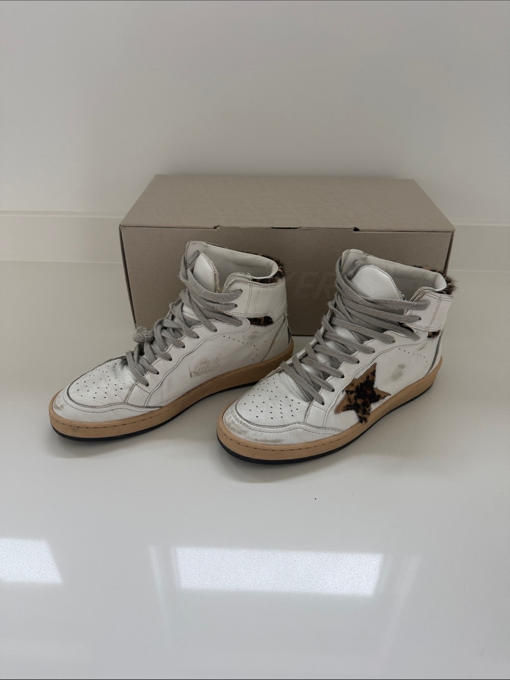 Golden Goose Women's White High-Top Sneakers with Leopard Accent size 38 - Picture 2 of 7